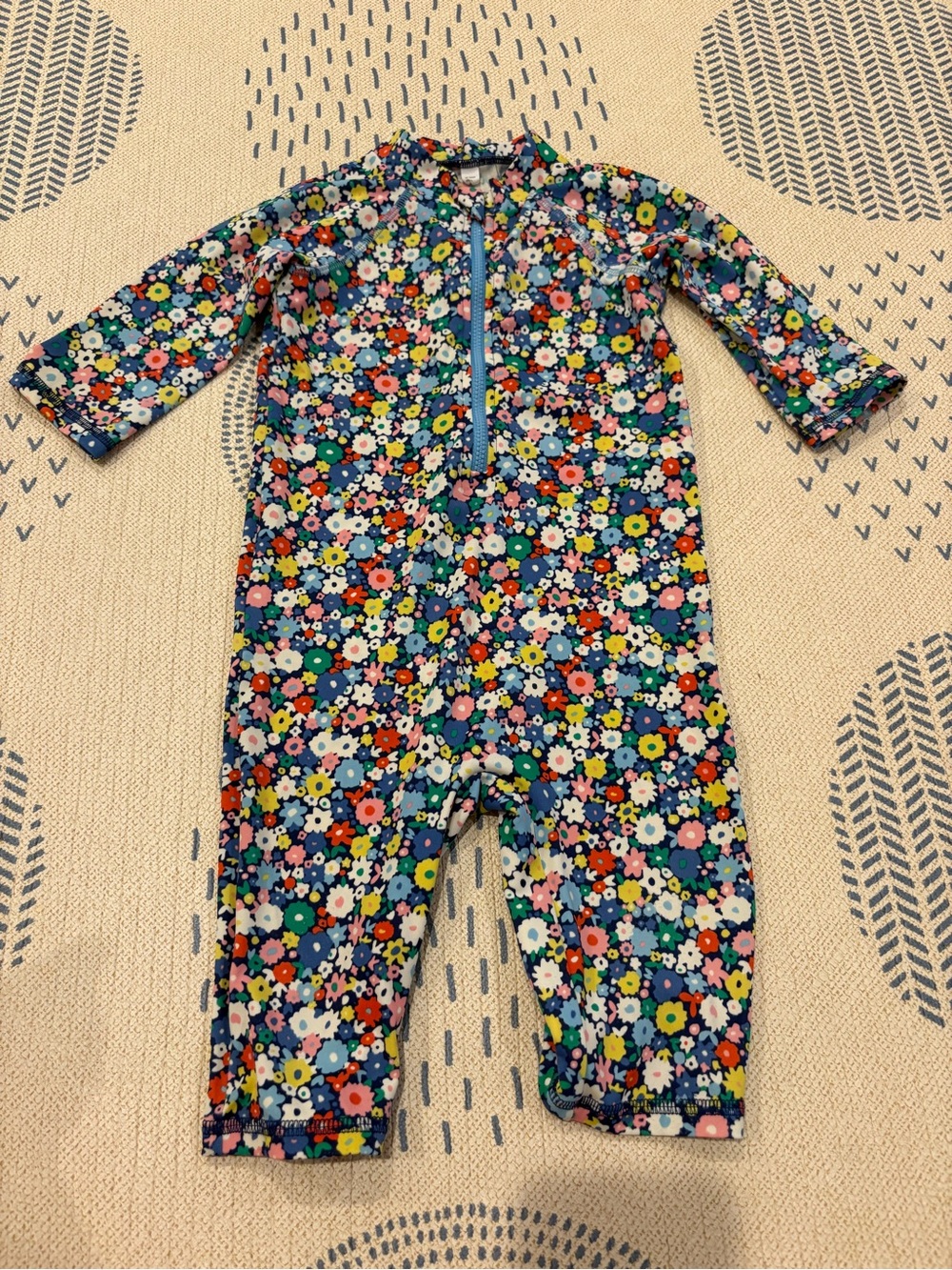 Mini Boden Navy Multicolor Floral Long-Sleeve Swim Rashguard One-Piece